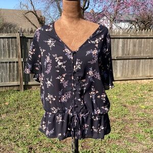 Sienna Sky Black Floral V-Neck Button Front Peplum Blouse